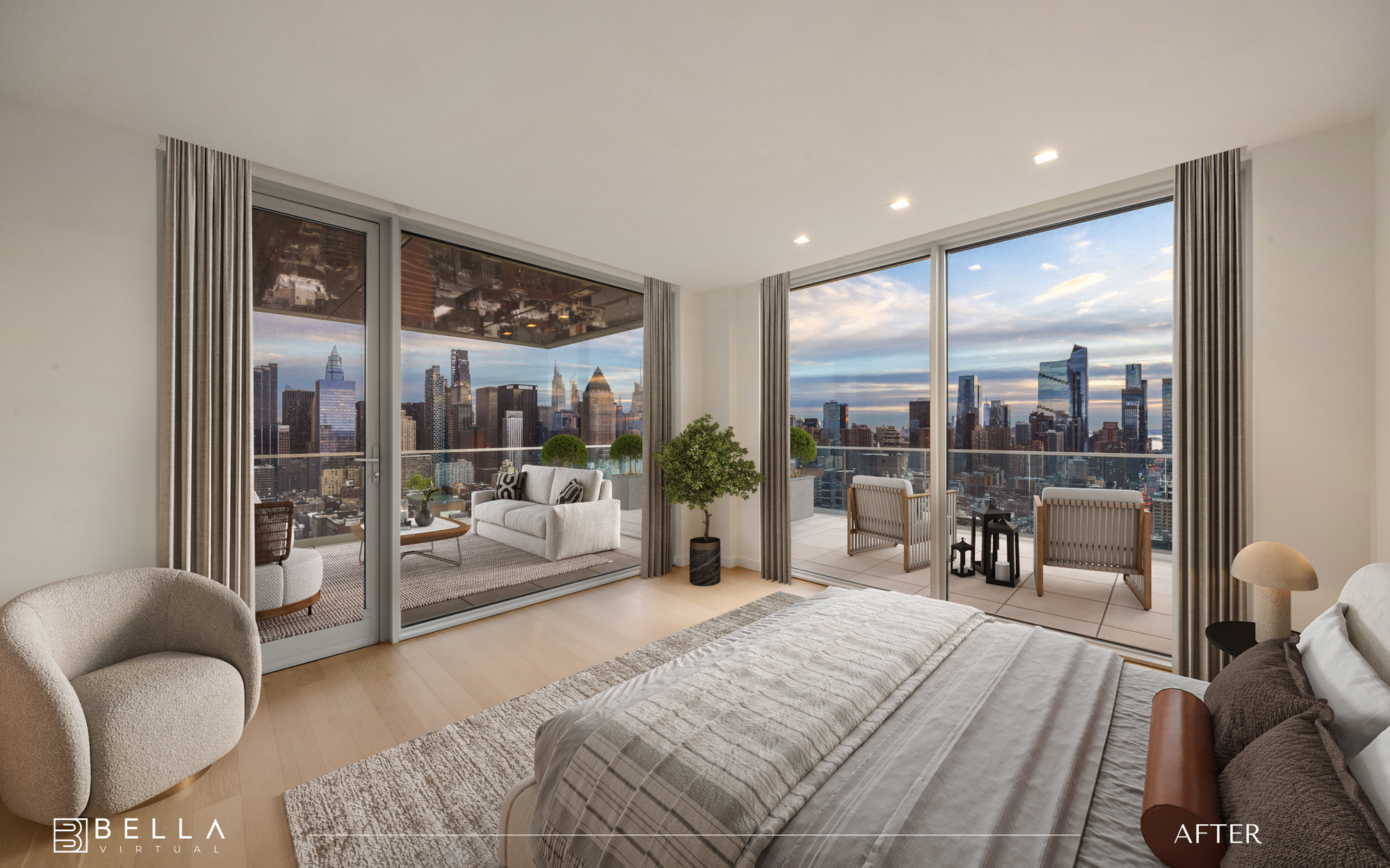A Manhattan high-rise bedroom after virtual staging by a Demo interior designer